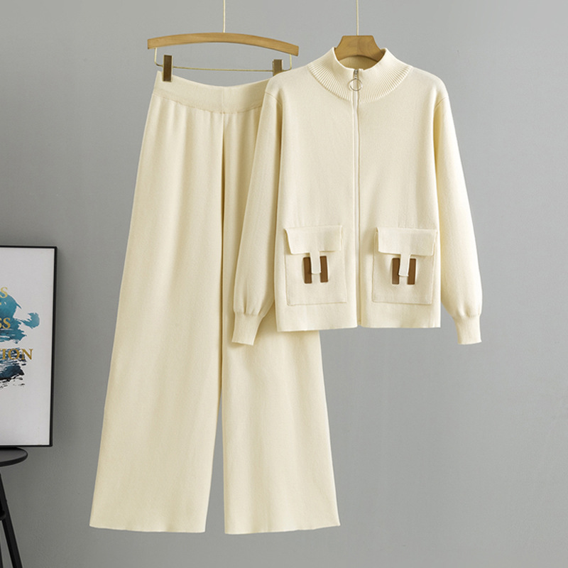 Cross-border French-style Zippered Fashion Suit For Women, 2026 Spring Autumn New Knit Cardigan And Wide-leg Pants_ecoleips.com