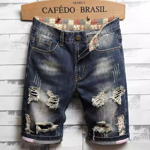 Japanese retro distressed casual brand ripped jeans shorts men's five-inch mid-length pants vagabond loose straight tube trend pants 