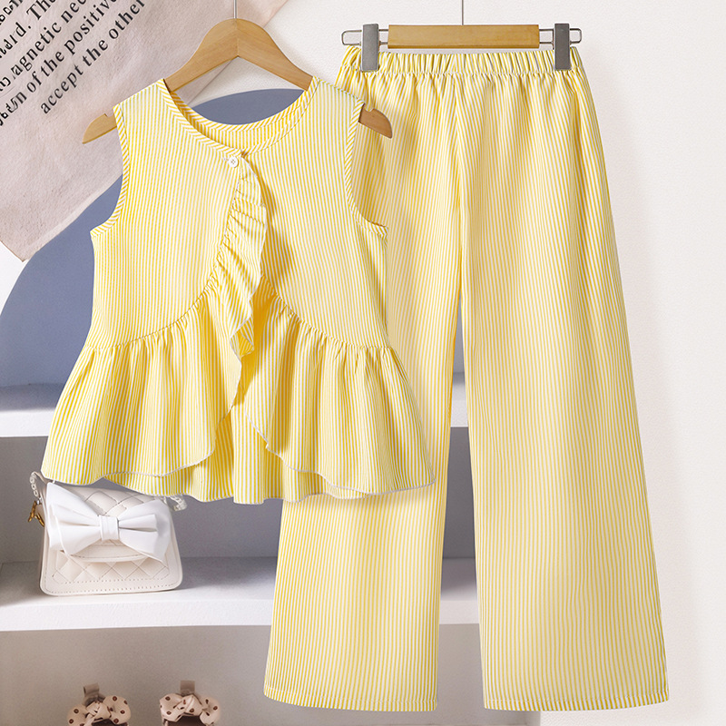 Girls' suit Foreign Trade Children's Wear 2025 Summer New Fashion Striped Sleeveless Sweet Ruffle Top Wide Leg Pants