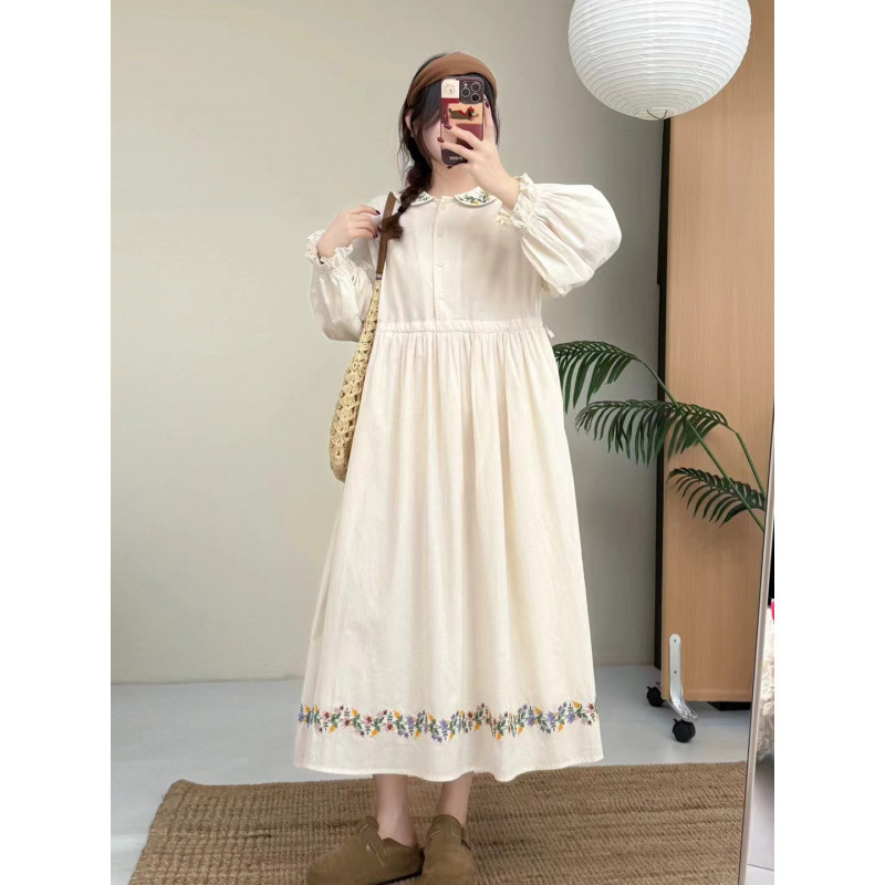 20206 Spring Clothing, Artistic Style Embroidered Long-Sleeved Dress, Doll Collar Drawstring Waist Slimming Long Dress for Women