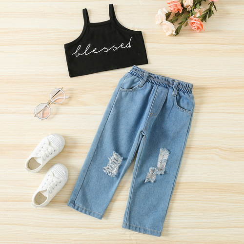 Girls summer suit trendy European and American girls fashion short letter halter vest ripped wide leg pants two piece set