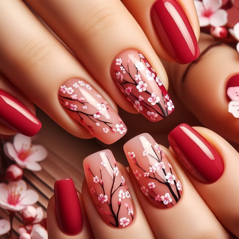 Medium and Long Nail Art Patch Red Nail Art Plant Flower Pattern Fake Nail Patch Removable 24 Pieces