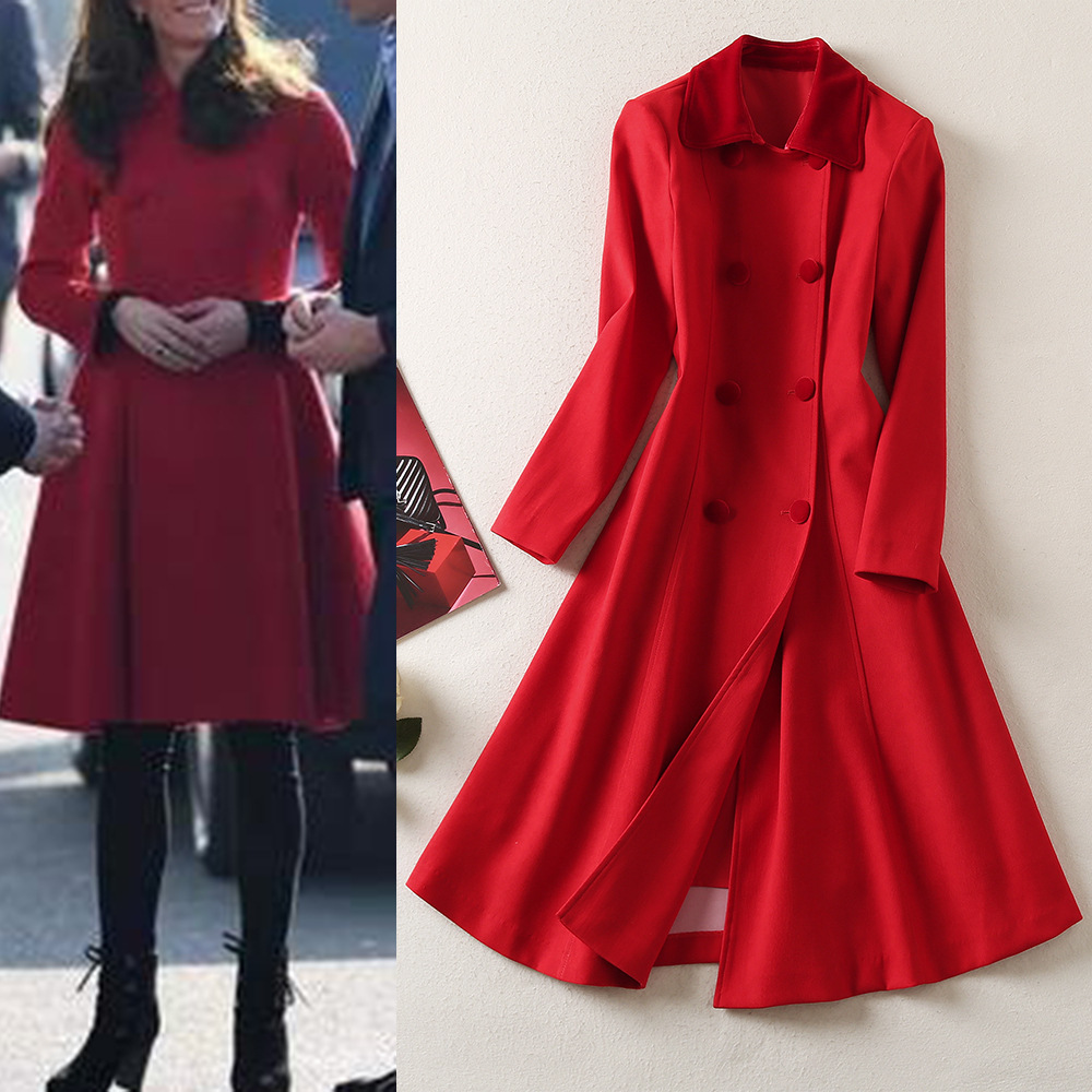 欧美21年秋季英伦风女装新款翻领双排扣收腰裙摆型红色大衣女外套