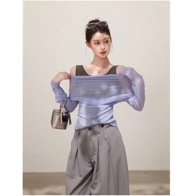 Yi Deng 2025 夏コントラストカラーステッチフェイクツーピースメッシュスリムフィットワンショルダー長袖 Tシャツレディーストップス|undefined