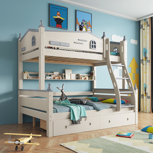 Solid wood children's bed with upper and lower bunks, two-story high and low bed, sister and brother bed, storage, double multi-functional double bed
