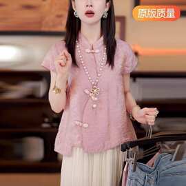 粉色外穿新中式网红小衫小衫短袖夏季夏款衬衣T恤国风唐装薄小衫