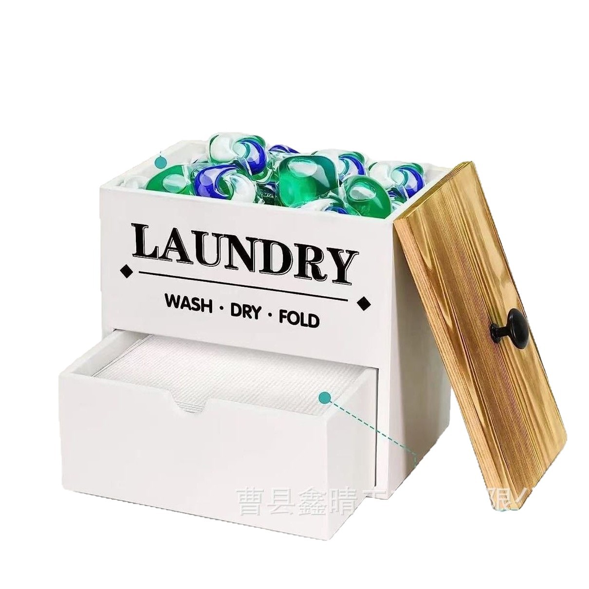 Caja de almacenamiento de doble capa de madera maciza para el hogar, caja de almacenamiento de cuentas de lavandería de madera, caja de almacenamiento de detergente de madera