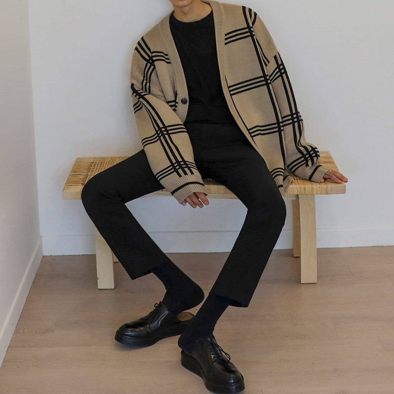 Invierno nuevo casual Plaid cardigan suéter de los Hombres estilo coreano de moda estilo perezoso abrigo suelto todo fósforo suéter moda