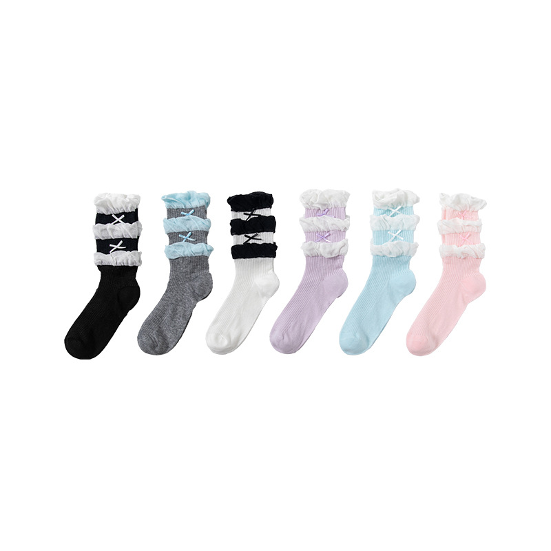 Calcetines mujer verano delgado de doble capa pliegues color caramelo dulce calcetines de tubo largo máquina todo en uno Lolita tubo medio