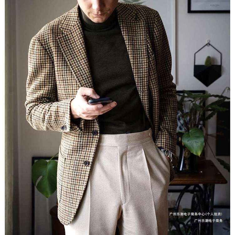 Autumn and Winter Men's Tweed Plaid Suit Coat Men's Trendy Woolen Casual British Style Suit Jacket Men's Clothing Autumn and Winter Men's Tweed Plaid Suit Coat Men's Trendy Woolen Casual British Style Suit Jacket Men's Clothing