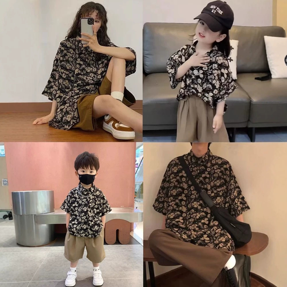 亲子装一家四口父母子女衬衫炸街宝宝衬衣夏季短袖薄款婴儿上衣