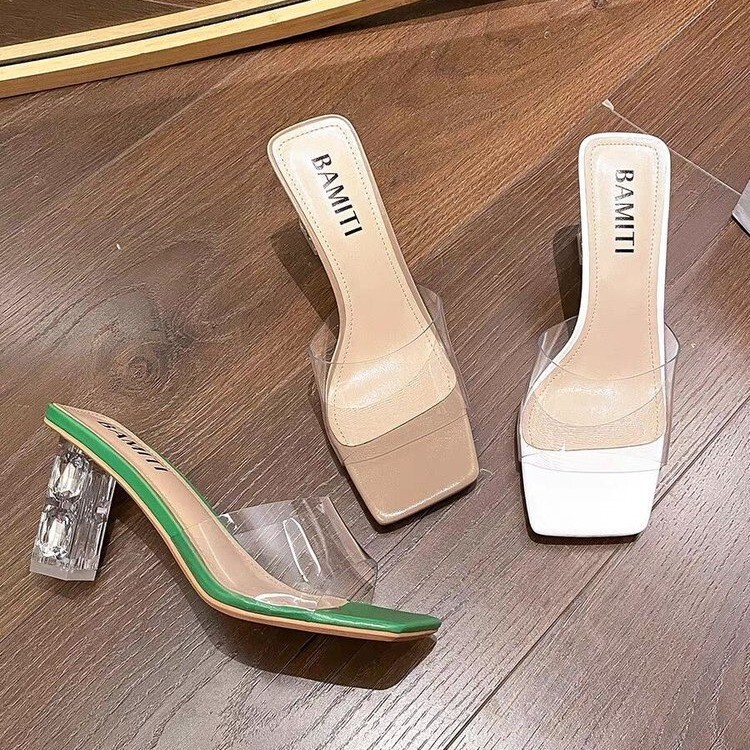 Crystal high heels sandals women's outdoor wear 2024 New chunky heel mid heel transparent glass glue slippers women's shoes