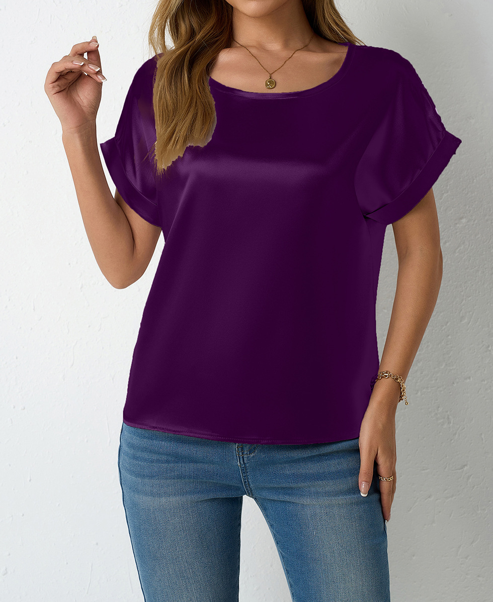 Camicia in raso da donna a maniche corte taglio morbido elegante_voghion.com