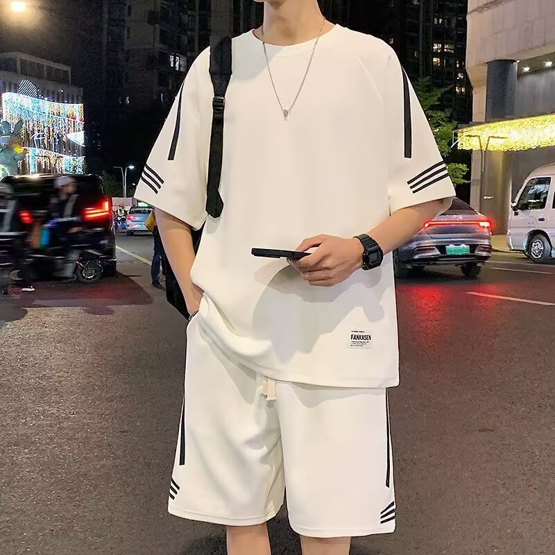 Summer New Men's Ice Silk Casual Sports Suit Short-Sleeved T-Shirt Shorts Two-Piece Set Breathable and Cool Wide 2026