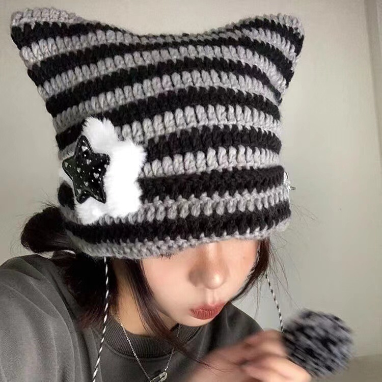 亚比风猫咪耳朵帽子女秋冬y2k条纹针织帽韩版可爱保暖套头毛线帽|undefined