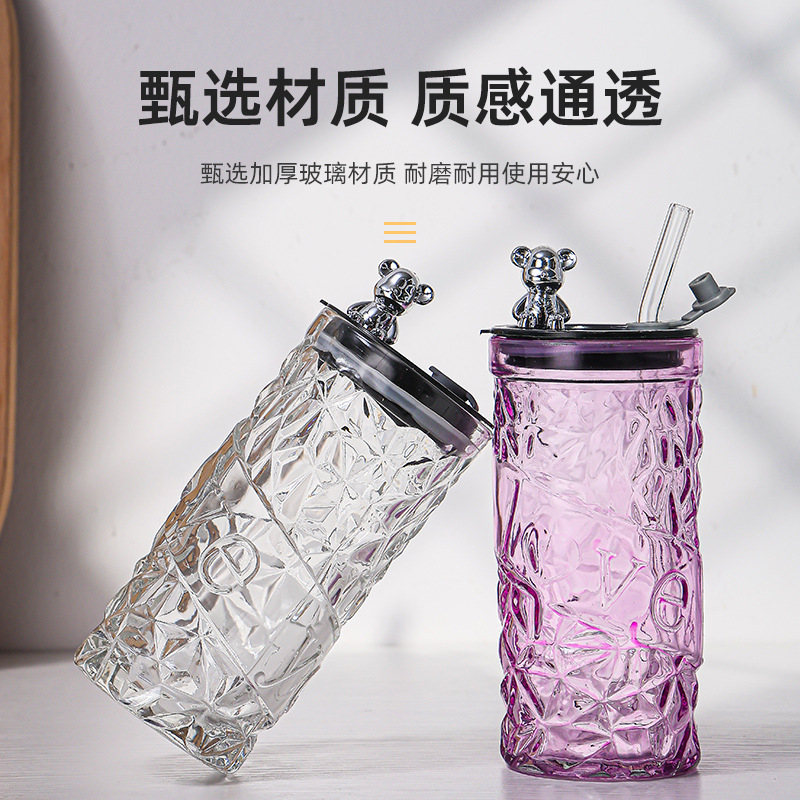 Wholesale Diamond Bear Glass Cup with Straw, Ins-Style Large-Capacity Water Cup, High-Value Cute Gift Cup
