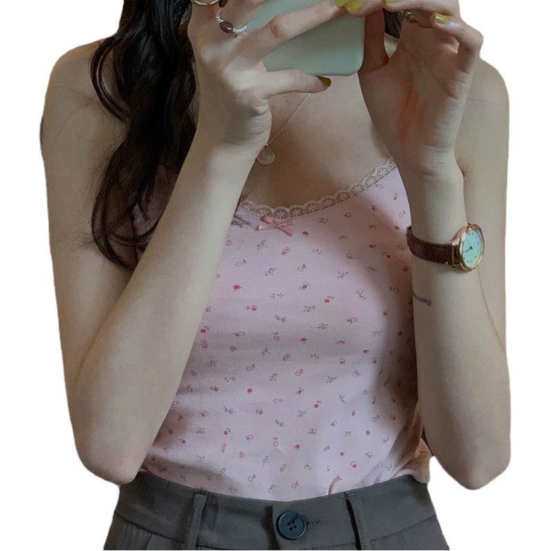 Внешний красивый задний жилет Cyber Celebrity Сложенная одежда Короткие кружевные платья с цветочным рисунком Маленькие слинги Супер горячая девушка Студенческий Топ Женщины