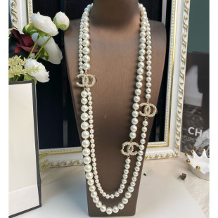 Tweed Style Double C Letter Pearl Fashion Sweater Chain Long Necklace Popular Celebrity Fragrant Grandma Waist Chain Women's New Style