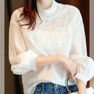 Stand Collar Hollow-Out White Shirt for Women, Unique Design, Niche Style, 2025 Autumn New Elegant French Long-Sleeve Top, Trendy