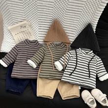 童装宝宝秋冬季加绒夹棉打底衫男女宝宝洋气条纹加厚长袖内搭衣服
