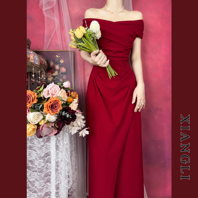French-Style Off-Shoulder Red Dress for Summer, Hepburn-Style Slimming Elegant Engagement Toast Slit Cocktail Long Dress