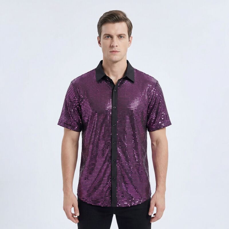 Cross-border summer new personalized fashion breathable sequin short sleeve shirt Amazon hot selling square collar color matching men's clothing Cross-border summer new personalized fashion breathable sequin short sleeve shirt Amazon hot selling square collar color matching men's clothing