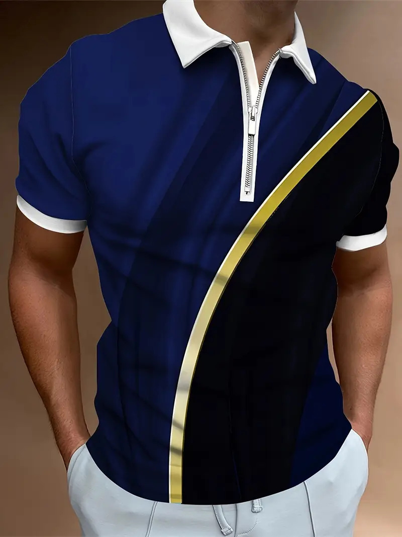 Camisa POLO con cremallera de manga corta con estampado digital 3D para hombre de verano transfronterizo de estilo deportivo y casual patrón geométrico MB13