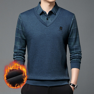 2023 autumn and winter fake two-piece men's clothing new fleece-lined thickened middle-aged and elderly dad casual all-matching top bottoming shirt