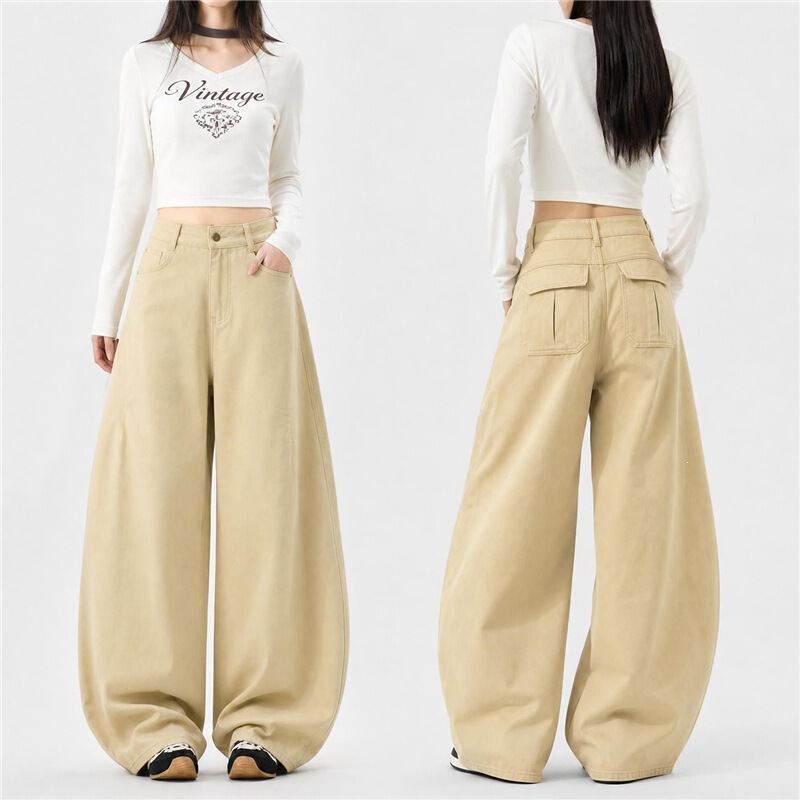 Autumn and winter trendy cargo pants, khaki casual washed cotton curved jeans for women, loose, pleated, unique, comfortable and loose-fitting Autumn and winter trendy cargo pants, khaki casual washed cotton curved jeans for women, loose, pleated, unique, comfortable and loose-fitting