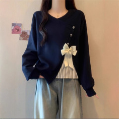 拼接蝴蝶结假两件卫衣女装秋季2025新款大码胖mm长袖圆领上衣