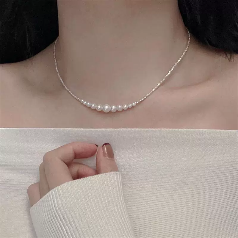 诸暨珍珠批发3-8MM高品质淡水珍珠项链碎银子微笑项链S925银颈链
