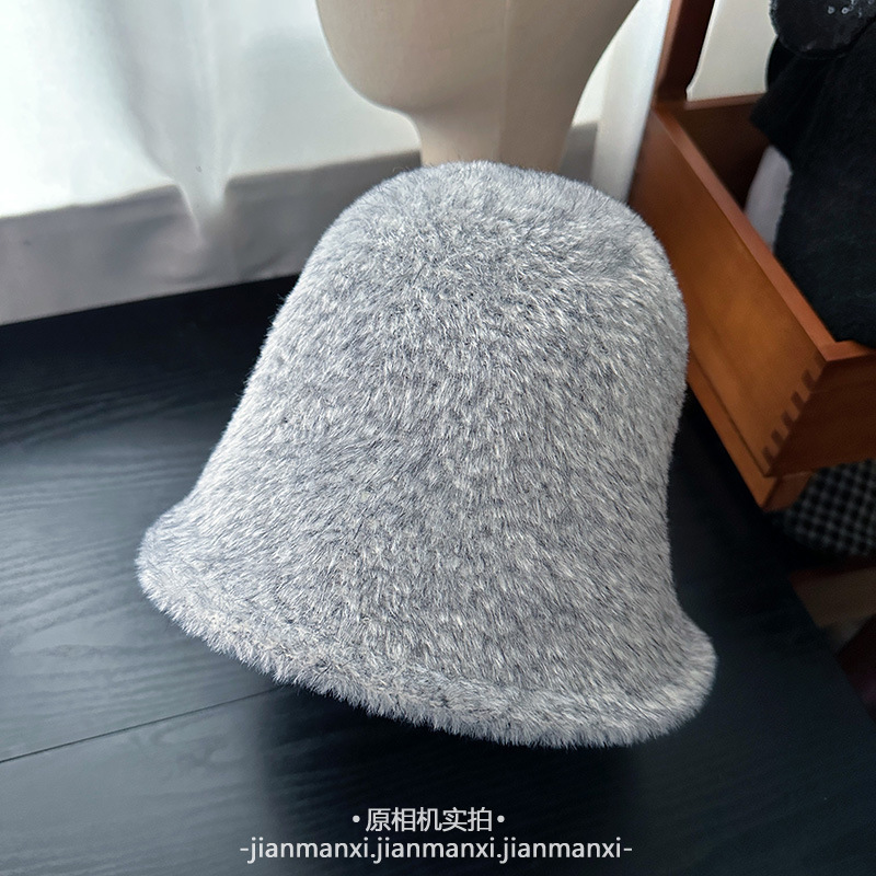 韩系纯色毛绒素颜渔夫帽子女秋冬氛围感百搭盆帽大头围保暖水桶帽|undefined