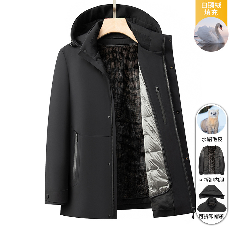 Winter Mid-Length Goose down Jacket for Men, Middle-Aged Business Casual Removable Mink Fur Thickened Jacket