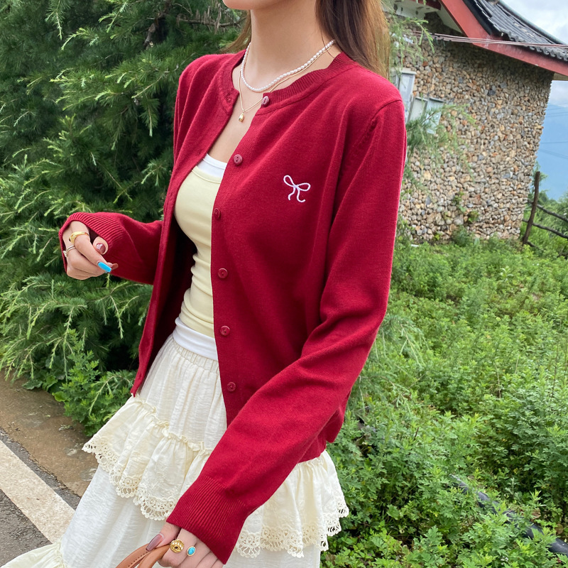 Embroidered Knitted Cardigan for Women, 2026 Spring and Autumn New Thin Sweater, Angora Red Long-Sleeve Outerwear Top