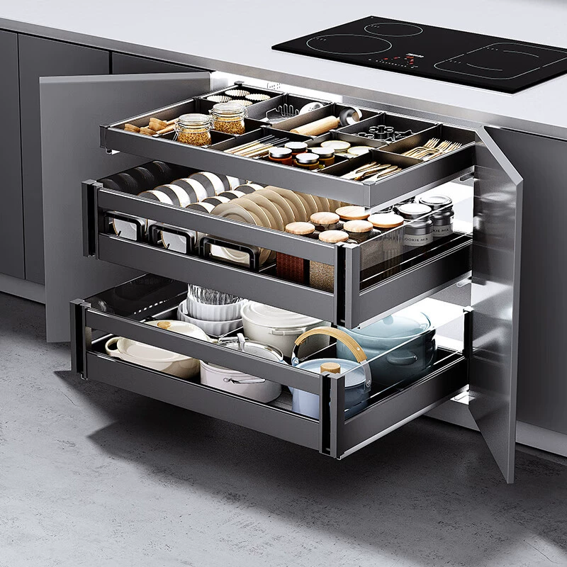 Aluminum alloy glass pull basket kitchen cabinet dish basket drawer type open door double layer three layer kitchen pull basket