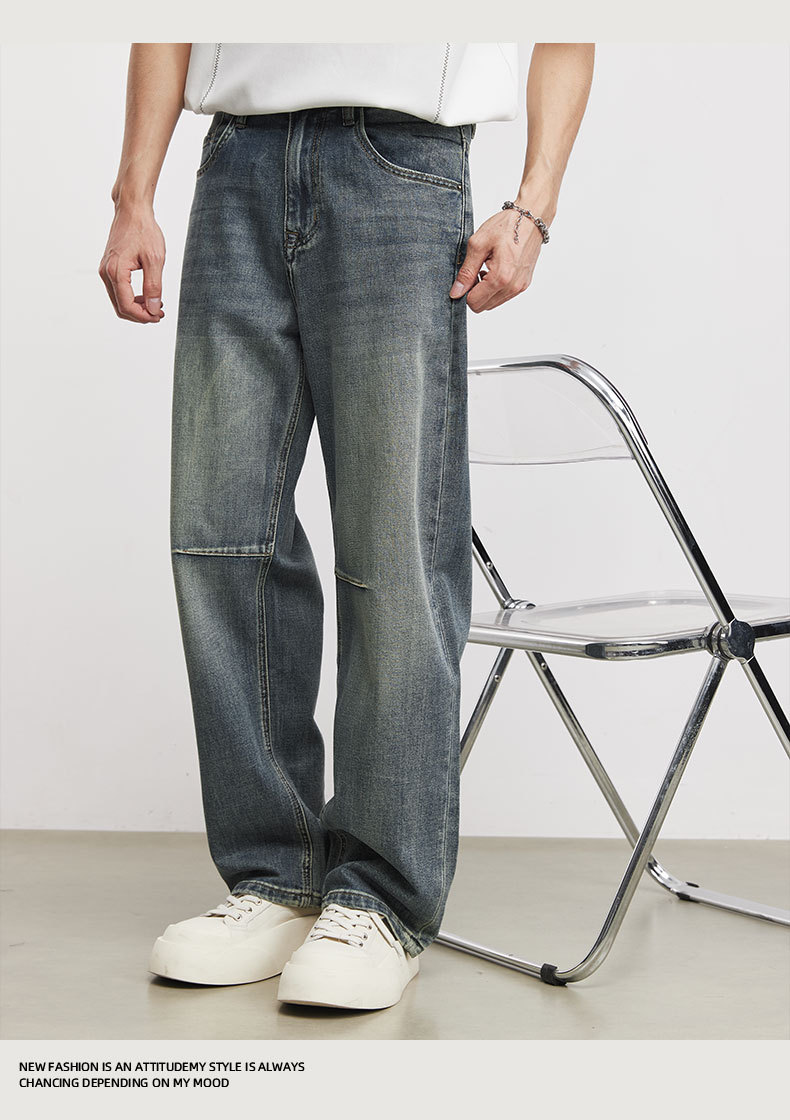 Quần jean nam ống rộng phong cách Mỹ cổ điển, hiệu ứng làm cũ, vải denim mềm mại — Màu xanh da trời chi tiết 10