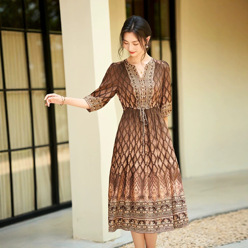80350 Coffee-Colored Ethnic Style Printed Silk Dress, Summer Waist-Cinching Slimming Elegant Workwear Mid-Length Tea Break Dress 80350 Coffee-Colored Ethnic Style Printed Silk Dress, Summer Waist-Cinching Slimming Elegant Workwear Mid-Length Tea Break Dress