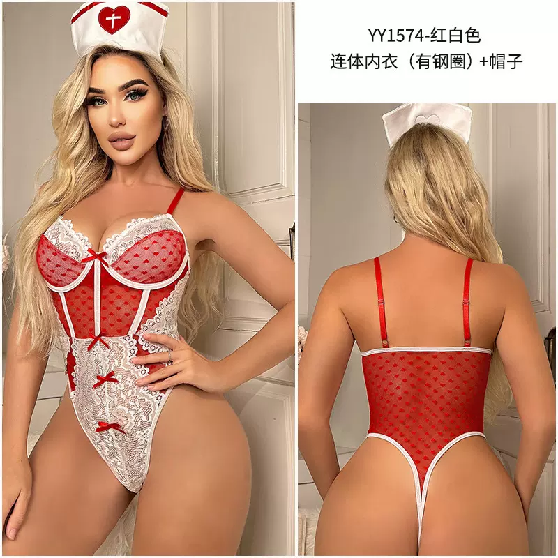 欧美情趣内衣塑身护士服连体衣蕾丝花边蝴蝶结心型透视性感护士帽