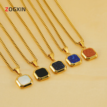 跨境热销钛钢嘻哈蓝松石吊坠男女款几何欧美时尚不掉色项链饰品