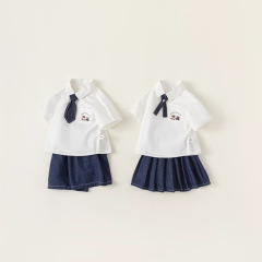 女の子スーツカレッジ子供夏シャツ新しい姉弟半袖幼稚園ツーピースセット夏スタイル兄妹