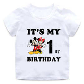 生日快乐卡哇伊米老鼠图案印花白色童装儿童T恤男孩女孩生日礼物