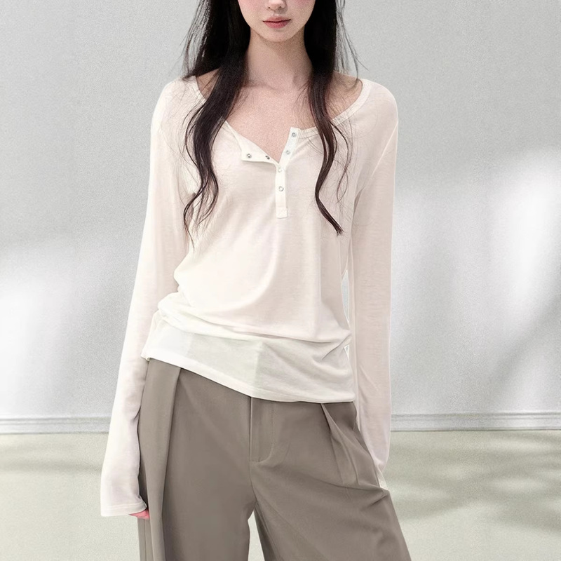 Ifsa White Henley Long-Sleeved T-Shirt for Women Early Spring 2026 New Sun Protection Cover-Up Inner Layering Shirt Top