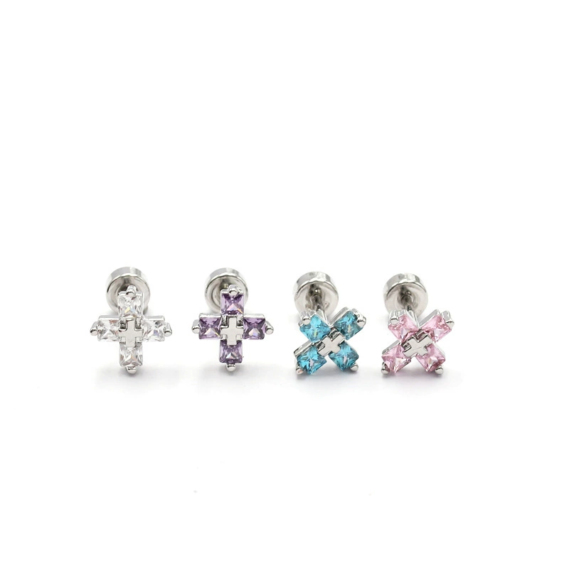 Thin rod threaded aquamarine zircon cross threaded ear bone nail cochlea nail ear nail