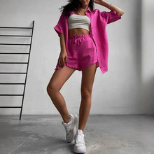 2022春夏欧美两件套纯色单排扣长袖翻领衬衫短裤宽松时尚休闲套装