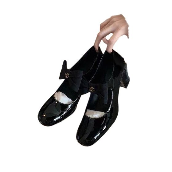 Xiaoxiangfeng Mary Jane Bow High Heel Shoes French Thick Heel Real Soft Leather Women's Shoes with Shallow Mouth Princess Shoes