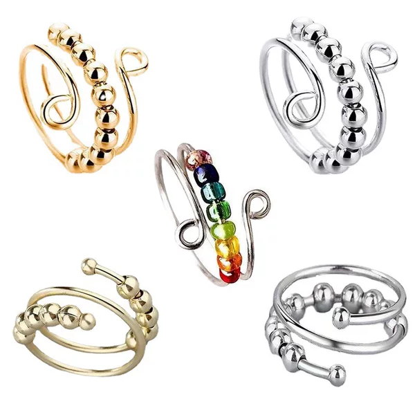 Cross-Border Rotating Anxiety Thai Silver Ring Index Finger Ring Multi-Circle Transfer Beads Auspicious Transfer Korean Fashion Bestie Gift