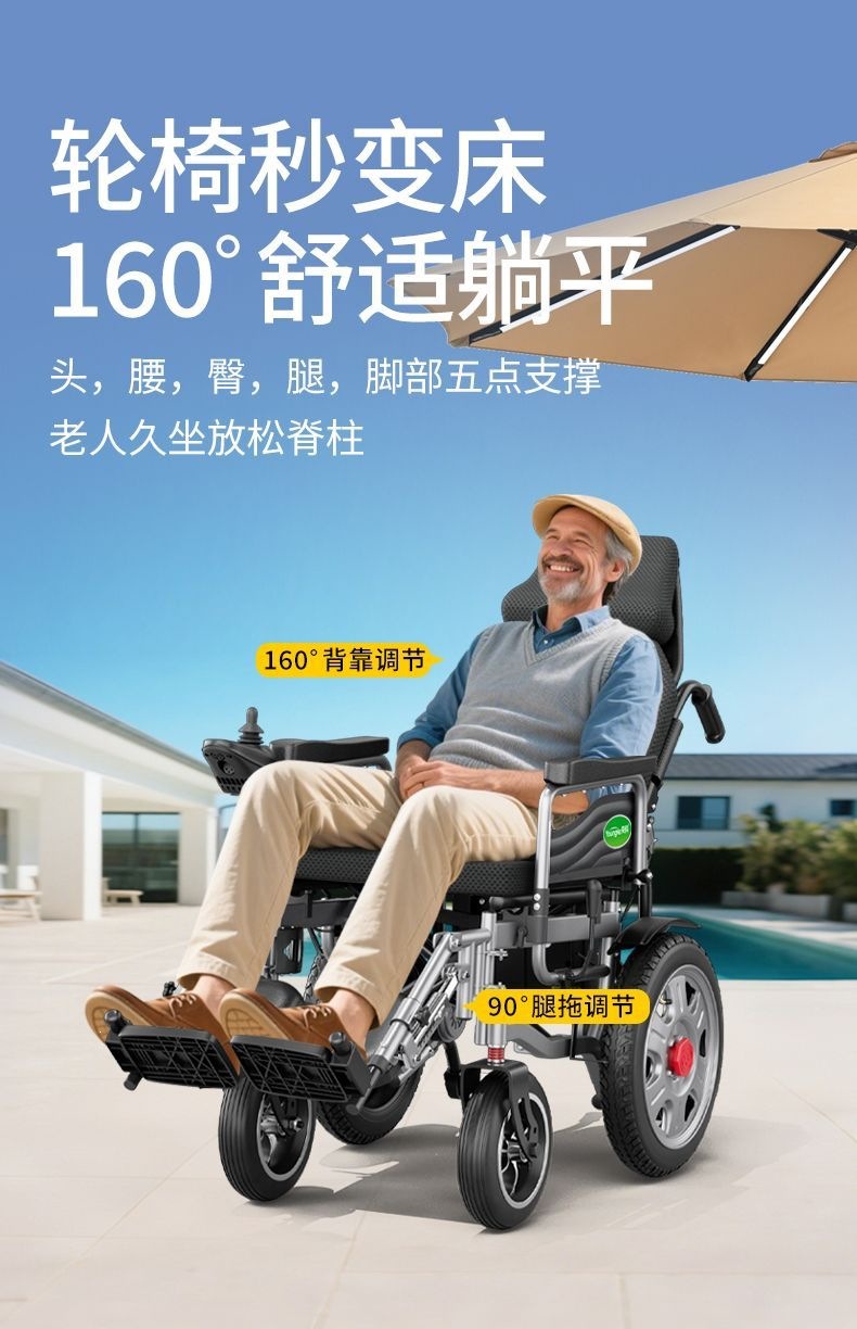 Intelligent, fully automatic electric wheelchair for disabled and elderly individuals with limited mobility, specially designed for seniors, foldable and lightweight, four-wheeled