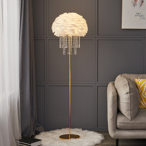 Floor lamp feather crystal light luxury Nordic living room sofa beside bedroom bedside internet celebrity live streaming room warm standing lamp 