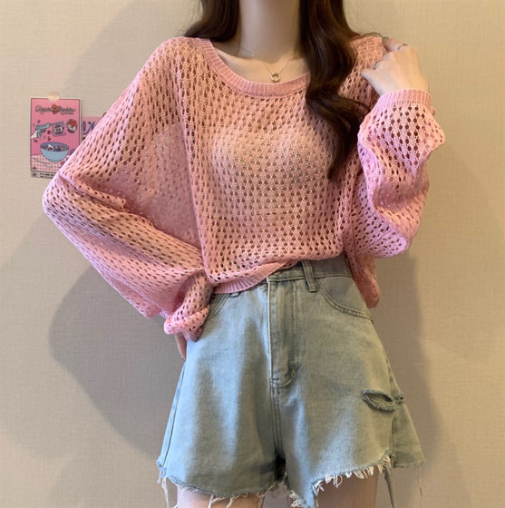 Spring and Summer New Knitwear Loose Casual Top French Round Neck Short Hollow Long Sleeve Sunscreen Blouse for Women