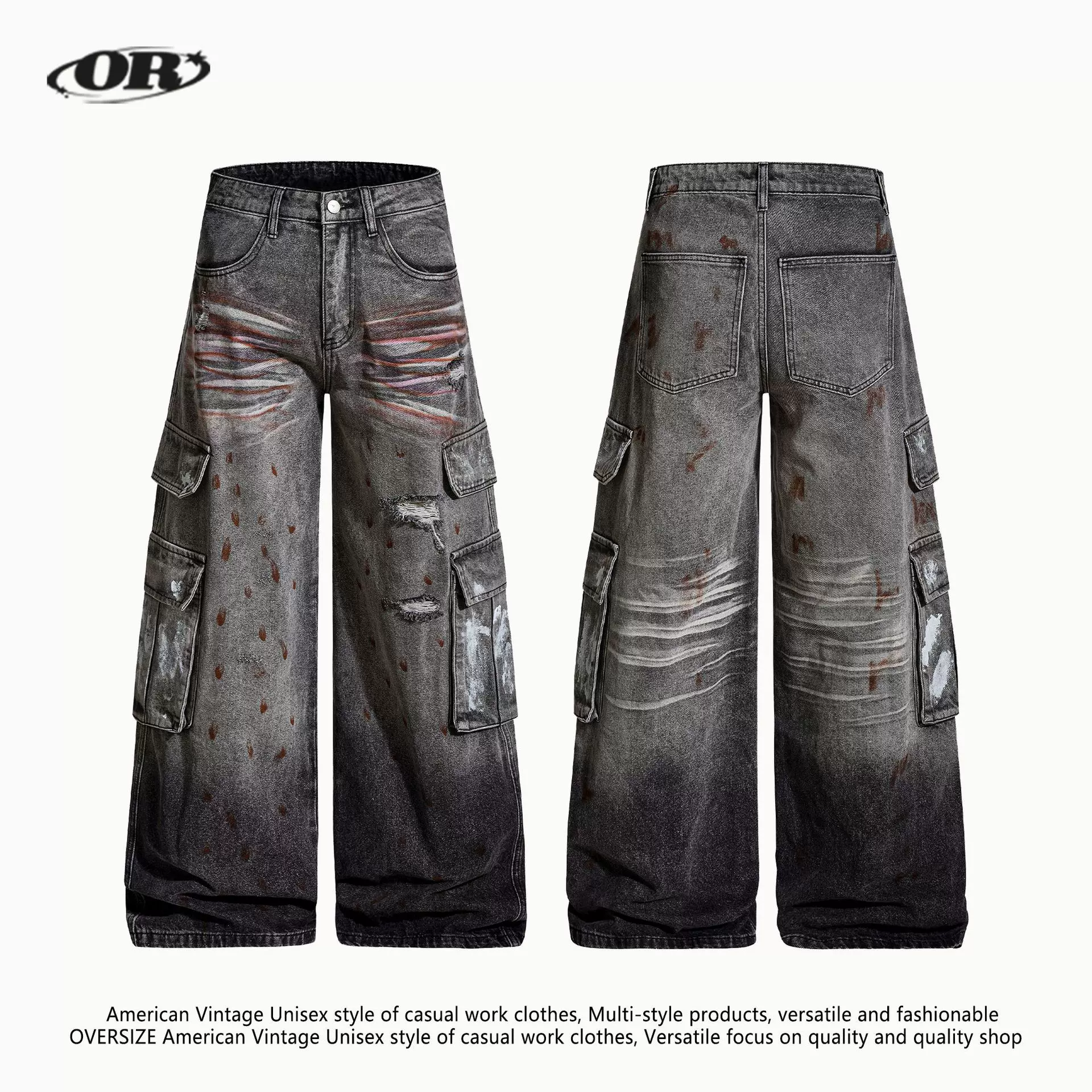 OREETA丨泼墨做旧破洞牛仔裤男女款潮牌重工高级感宽松阔腿长裤